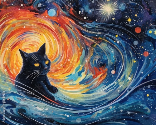 art cat in space . dreamlike background with cat . Hand Drawn Style illustration . Beautiful cat in outer space 