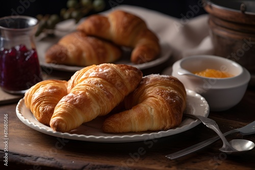 A plate of buttery and flaky croissants, served with a side of jam and a cup of coffee - Generative AI