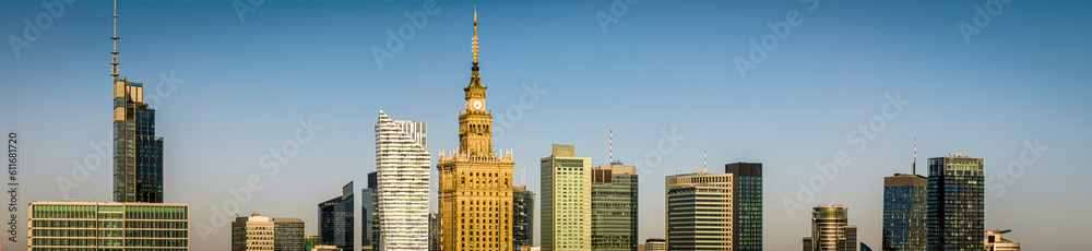 Aerial view of Warsaw skyline with Palace of Culture and Science in the middle, Poland