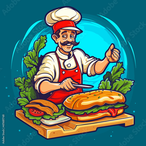Chef's doing the breakfast menu. Preparation of sedwich or baguette with fresh vegetables. Cartoon vector illustration. label, sticker