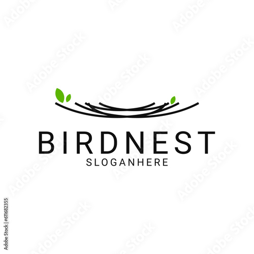 Simple and minimalist bird nest logo design with leaf symbol