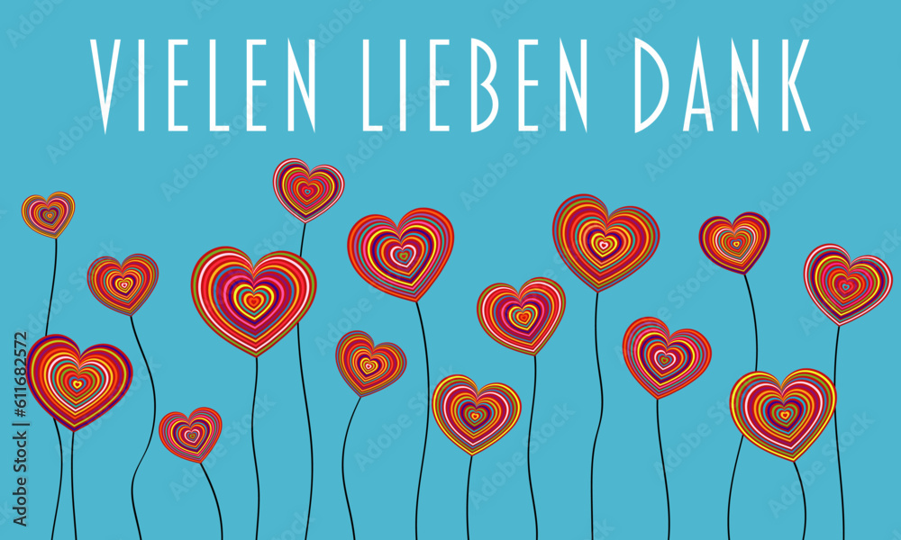 Vielen lieben Dank Schriftzug in deutscher Sprache. Danksagungskarte