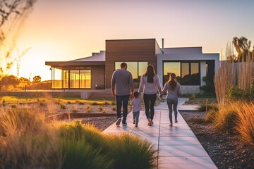 Happy family smiling outside their new home at sunset.