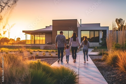 Happy family smiling outside their new home at sunset. photo