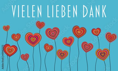 Vielen lieben Dank - Schriftzug in deutscher Sprache. Danksagungskarte mit bunten Herzblumen.