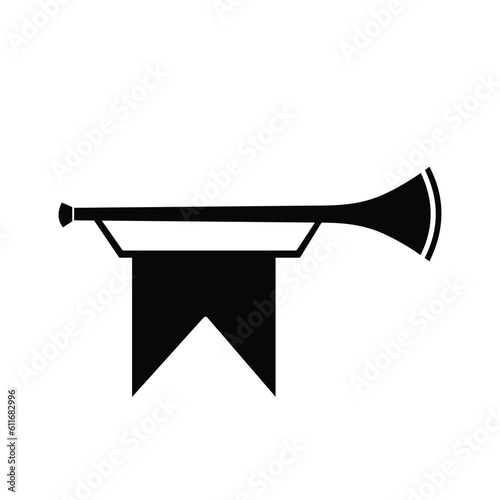 Black and white kingdom fantasy trumpet vector icon silhouette isolated on square white background. Simple flat minimalist cartoon art styled drawing.