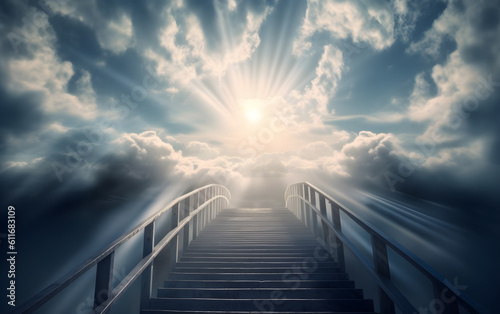 Fotografie, Obraz stairs to heaven sky, in the style of photorealistic scenes - generative ai