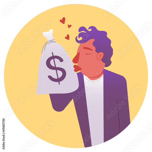 A man kisses a bag of money that he holds in his hand