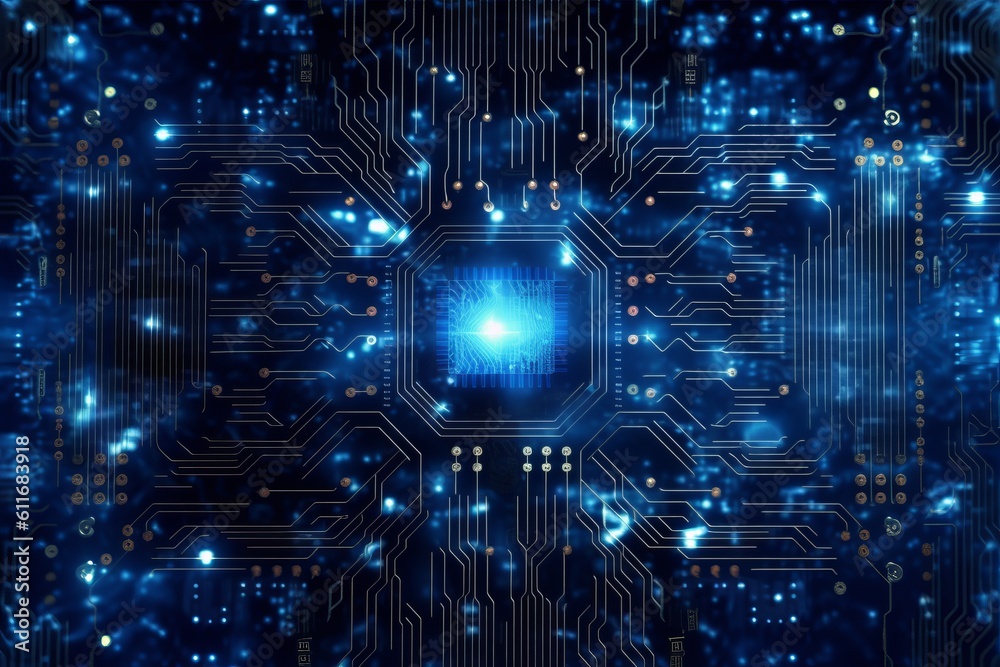 Fototapeta premium Illustration of a computer circuit board with a glowing blue LED in the center created with Generative AI technology