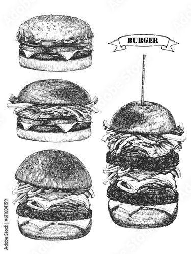 Burger Menu. Hand-drawn illustration of Burger. Ink. Vector 