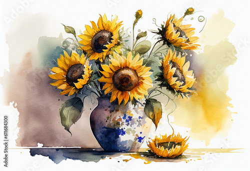 A bouquet of sunflowers stands in a transparent glass vase, a watercolor painting. AI Generated