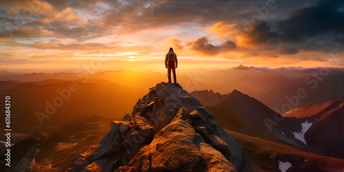 Experience the thrill of adventure with this breathtaking shot of a solo hiker conquering a rugged mountain peak at sunset. Generative ai. © ckybe