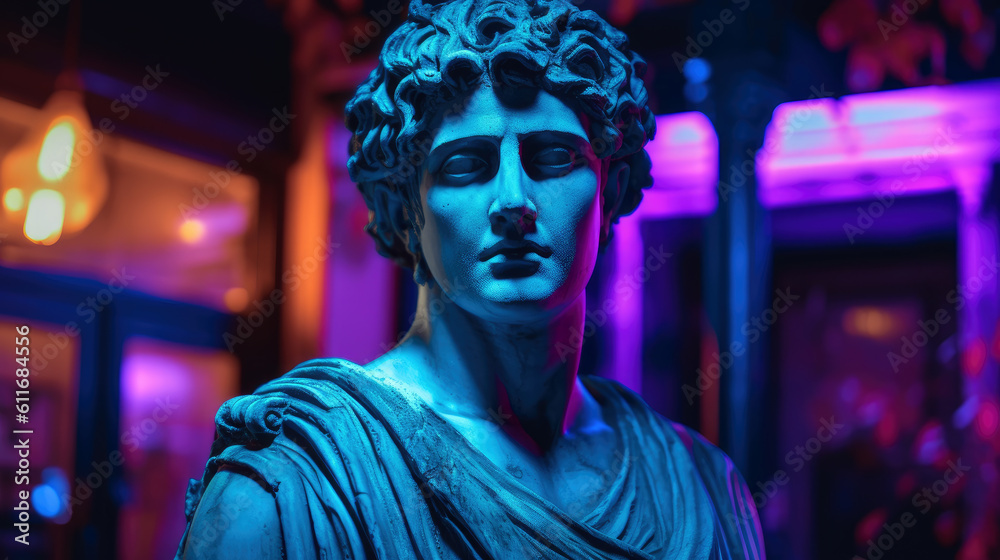 Statue on neon background. Image for modern music cover. Generative ai