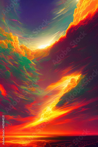Sunset by the sea oil painting  abstract background with colorful textures and shapes. Generative AI.