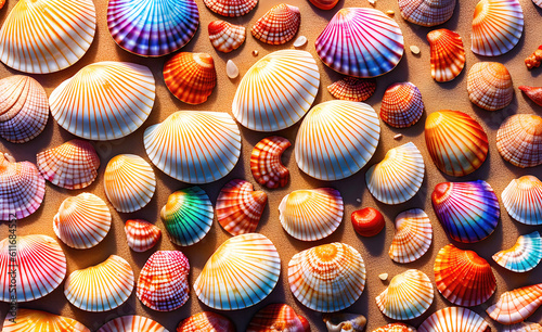 Colorful seashells pattern background, multicolored beautiful shells as wallpaper. Generative Ai.