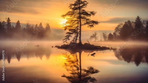 Get lost in the beauty of nature with this serene image capturing a tranquil lake at sunrise, shrouded in mist and surrounded by towering trees. Generative ai.