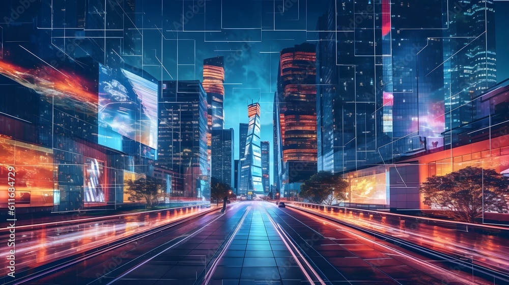 World where technology and commerce collide, sleek and modern city adorned with eye-catching billboards. Generative ai. World where technology and commerce collide, sleek and modern city adorned with eye-catching billboards. Generative ai.