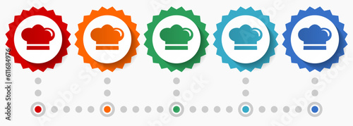 Chef hat, restaurant vector icon set, colorful infographic template, set of flat design badge icons in 5 color options