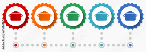 Cooking, kitchen, food vector icon set, colorful infographic template, set of flat design badge icons in 5 color options