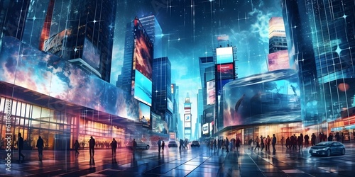 World where technology and commerce collide, sleek and modern city adorned with eye-catching billboards. Generative ai.