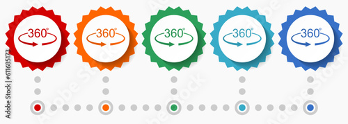 Panorama 360 vector icon set, colorful infographic template, set of flat design badge icons in 5 color options