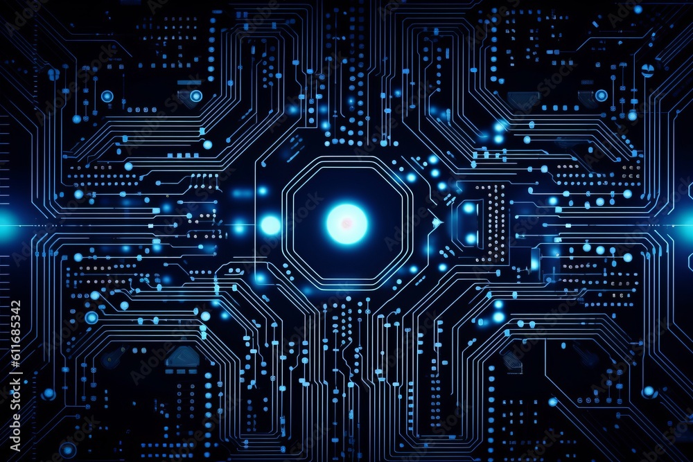 Illustration of a computer circuit board with a glowing blue LED in the center created with Generative AI technology