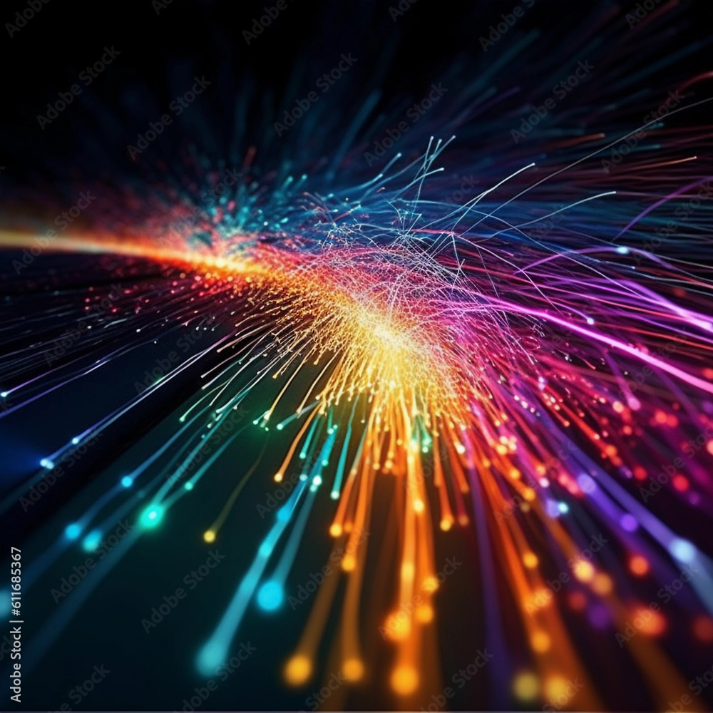 Fototapeta premium Network connection fiber, purple, blue, pink and orange optic lines. Generatived AI