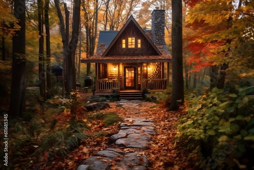 Cozy image of a charming cabin nestled in the midst of an autumn forest, surrounded by colorful foliage. Generative ai. © ckybe