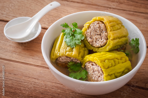 Bitter gourd with minced pork soup in bowl