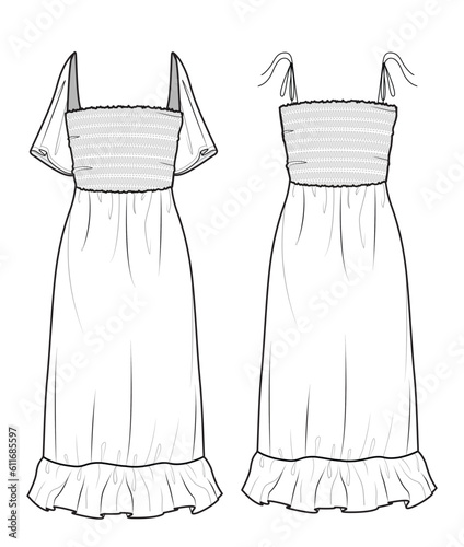 Butterfly Sleeve Smock Dress with Frill Hem, Tie Strap Smocked Dress Front and Back View. Fashion Illustration, Vector, CAD, Technical Drawing, Flat Drawing, Template, Mockup. 
