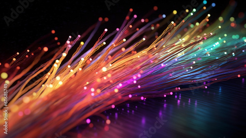 Network connection fiber, purple, blue, pink and orange optic lines. Generatived AI