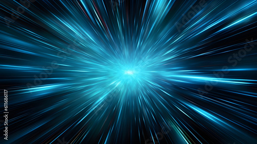 Light blue rays radiating on a black background, concept of speed or explosion, warp (Generative AI image)