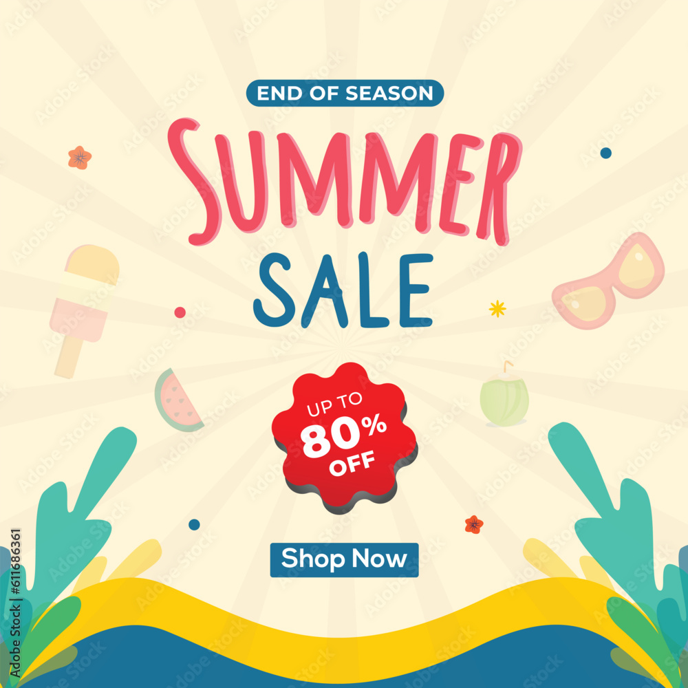 Fototapeta premium Summer sale promotion,80 percent off poster, banner, social media template illustration