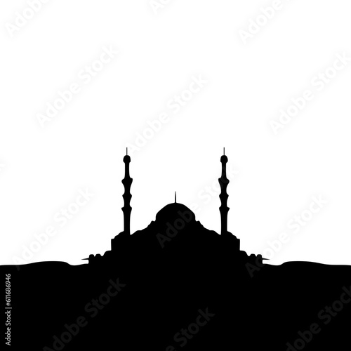 Big Mosque Silhouette landmark with twin minarets in black fill icon, vector illustration in trendy style. Design element for Eid Al Adha celebration. Editable graphic resources.