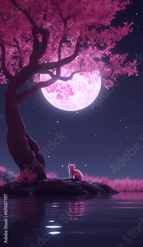 Sakura and The Moon, Night View. Generative AI