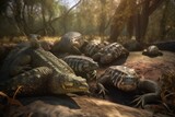 A detailed illustration of a group of reptiles, such as snakes or lizards, in a dramatic and striking natural environment, Generative AI