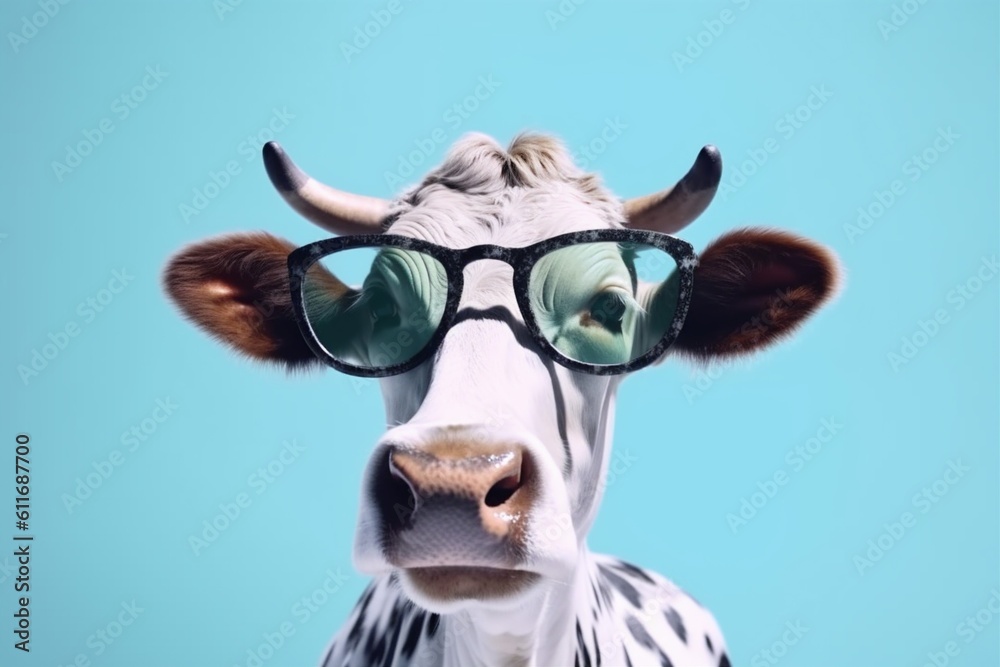 animal face head blue background sunglasses funny eyeglass space cow portrait copy. Generative AI.