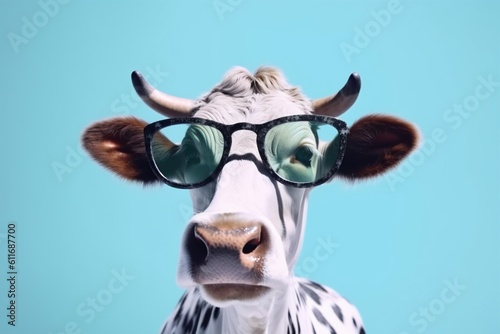 animal face head blue background sunglasses funny eyeglass space cow portrait copy. Generative AI.