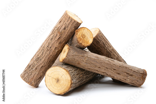 Several cut willow logs isolated over white background