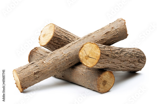 Several cut willow logs isolated over white background