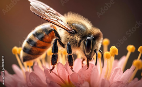 A honey bee sits on a flower and collects nectar © Tatiana
