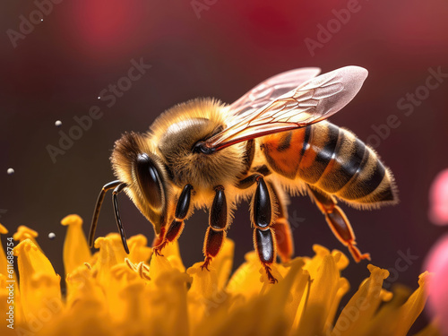 A honey bee sits on a flower and collects nectar