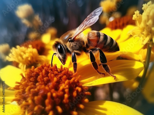 A honey bee sits on a flower and collects nectar