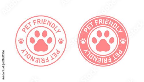 Pet friendly cafe, restaurant, hotel stamp logo. Animal pink paw symbol. Zoo, puppy, dog, cat, safe zone for pets. Colored style. Flat design. Vector illustration