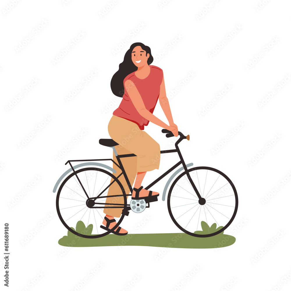 Trendy woman cyclist vector flat illustration. Cartoon stylish girl riding on bike outdoor isolated on white background Trendy woman cyclist vector flat illustration. Cartoon stylish girl riding on bike outdoor isolated on white background