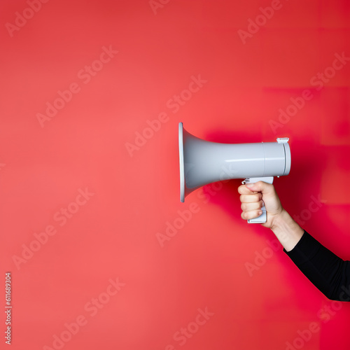 holding megaphone on color background