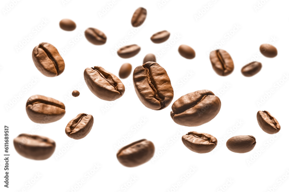 Coffee beans flying isolated on isolated png background. Generative AI. - obrazy, fototapety, plakaty 