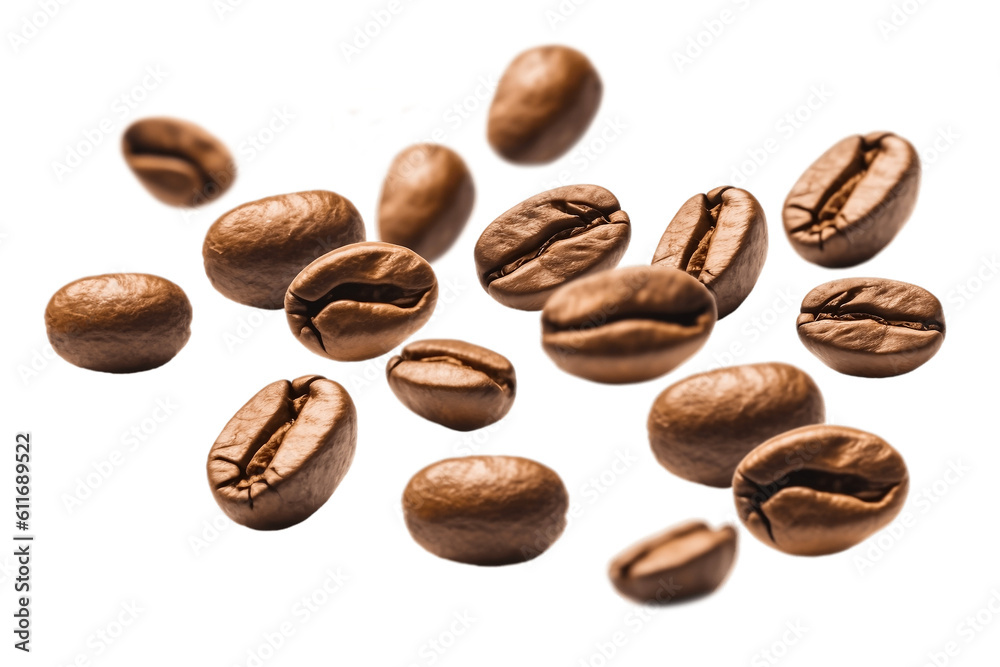 Coffee beans flying isolated on isolated png background. Generative AI. Coffee beans flying isolated on isolated png background. Generative AI.
