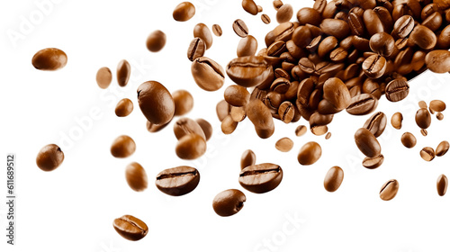 Coffee beans flying isolated on isolated png background. Generative AI.
