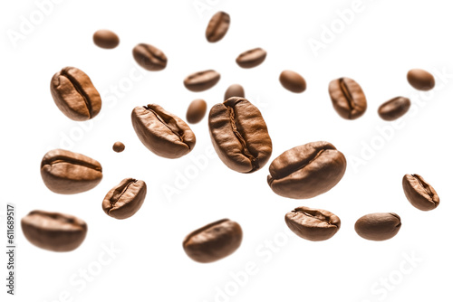 Coffee beans flying isolated on isolated png background. Generative AI. photo